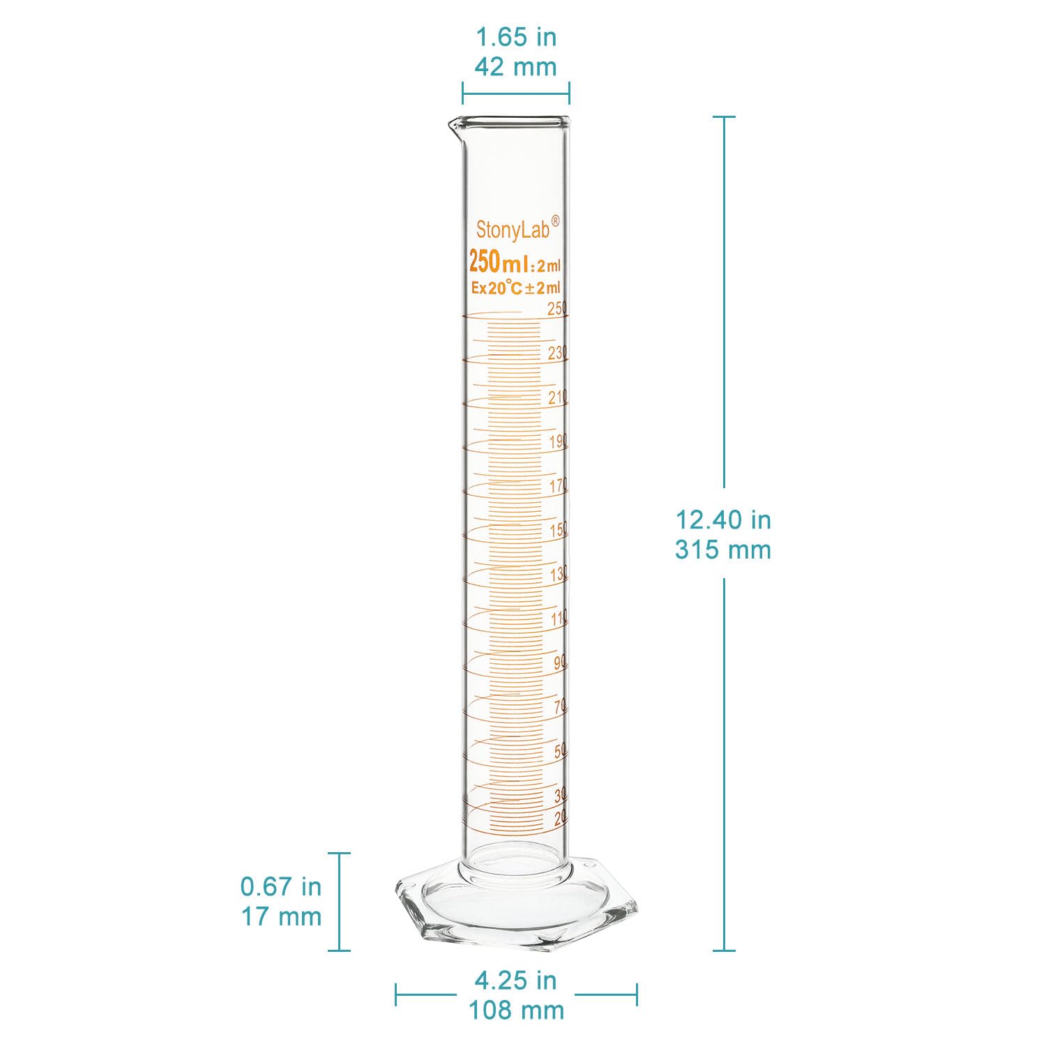 Cilindro Graduado de Vidrio de Borosilicato 250 ml, Paquete de 2 con Base Hexagonal