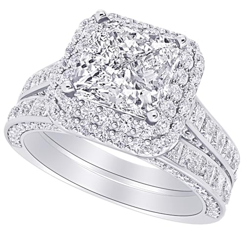1-8 Carat (ctw) White Gold Princess Cut LAB GROWN Diamond Double Halo Princess Cut Wedding Bridal Set (Color D-E Clarity VS1-VS2)