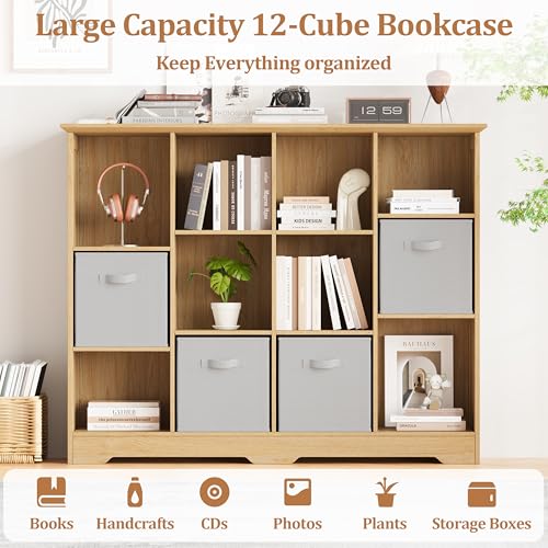 Image of 12 Cube Storage Organizer Shelf, Wood Cubby Storage with 6 Fabric Drawers, 3 Tier Wooden Bookshelf with 2 Adjustable Shelves & Fluted Side Panels for Bedroom, Living Room, Home Office, Wood