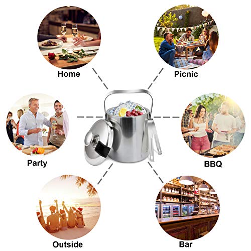 1.3 L Ice Bucket With Lid Strainer Tongs Ice Cube Container For Cocktail Bar Freezer Parties Weddings Stainless Steel Double Wall Keeps Ice Frozen Longer Fruit Holder Kitchen Fresh-Keeping Utensils #TOP6