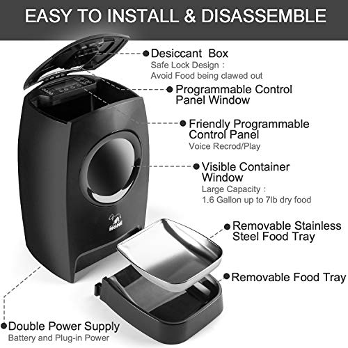HICTOP Automatic Pet Feeder | Auto Cat Dog Timed Programmable Food Dispenser Feeder for Medium Small Pet Puppy Kitten - Portion Control Up to 4 Meals/Day M30 6L(Black)