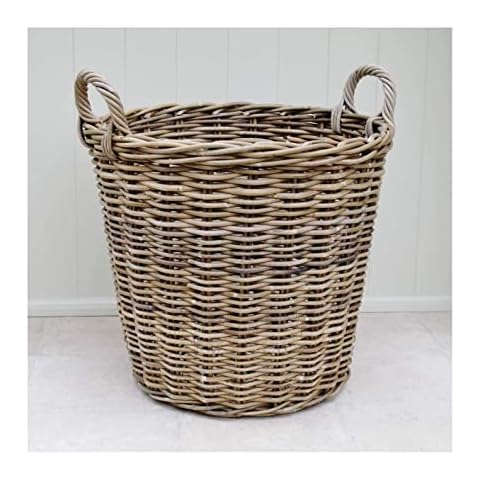 Large Wicker Log Basket Round With Handles Grey & Buff Rattan Cover