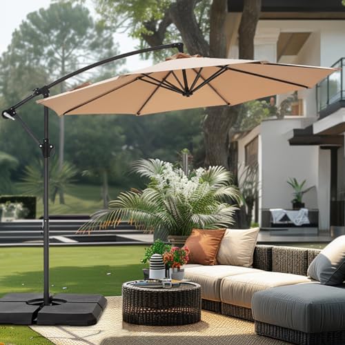 PHI VILLA 10ft Offset Patio Umbrellas, Outdoor Market Hanging Umbrella with 8 Ribs & Cross Base(No Weight), for Deck Pool Porch Backyard, Beige