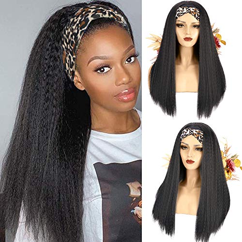 Nnzes Long Kinky Straight Synthetic Hair Headband Wigs for Black Women 24 Inch Kinky Straight Black Wigs Synthetic Yaki Hair Wig Daily Party Use Easy to Wear