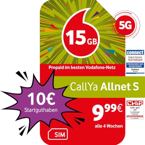 Vodafone Prepaid CallYa S | 15 GB | 10 EUR Startguthaben | ohne Vertrag | 5G-Netz | Telefon- SMS-Flat | EU-Roaming