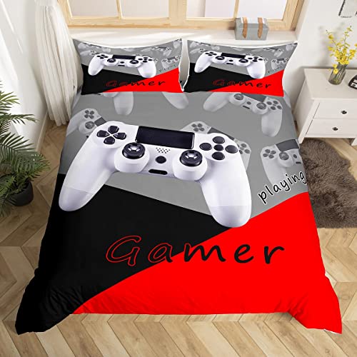 Loussiesd Gamer Duvet Cover White Video Game Gamepad Bedding Set for Boys Girls 3D Gaming Comforter Cover Modern Game Controller Bedspread Cover Red Black Grey Single Size Quilt Cover 2Pcs