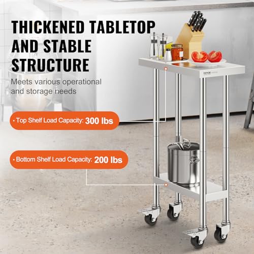 Image of VEVOR Stainless Steel Work Table 24 x 12 x 38 Inch, 500 LBS Load Capacity with 4 Wheels, 3 Adjustable Height Levels, Heavy Duty Food Prep Worktable for Commercial Kitchen Restaurant, Silver