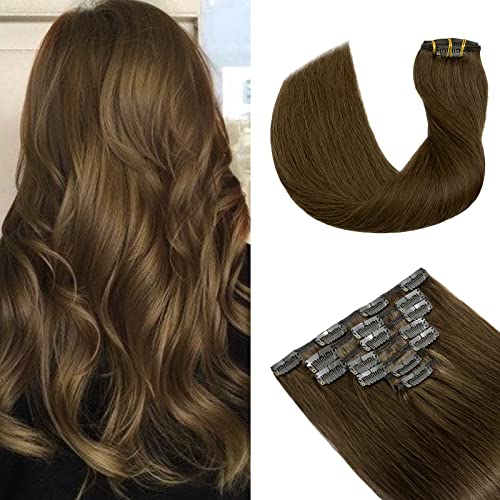 Image of S-noilite Human Hair Clip in Extensions Double Weft Natural Remy Hair Extensions 18 Inch Medium Brown Straight Seamless Human Hair Extensions Full Head for Women 7PCS 120g-#04