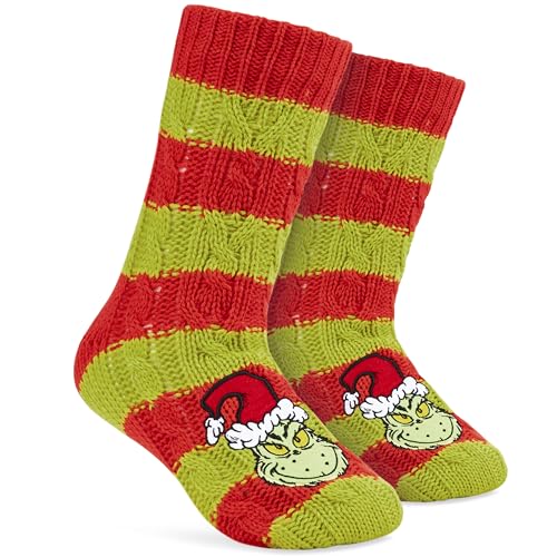 Get Trend Der Grinch Kuschelsocken Damen Größe 35-41 Rutschfeste Warme Winter Stoppersocken Geschenke für Frauen & Teenager (35/41 EU Rot/Grün Grinch)