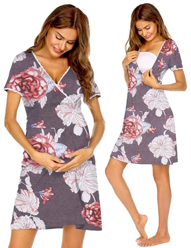 Image of Ekouaer Nursing Nightgown Delivery and Labor Gown for Hospital Short Sleeve Maternity Breastfeeding Dress