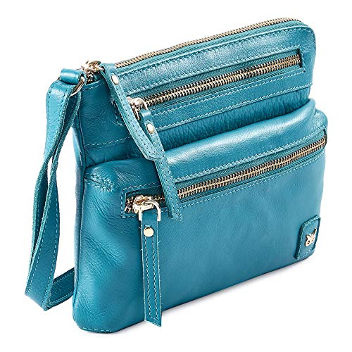 Wise Owl Accessories Small Triple Zip Real Leather Women’s Crossbody- Premium Vintage Crossover Shoulder Sling Bag (Turquoise Green Nappa)