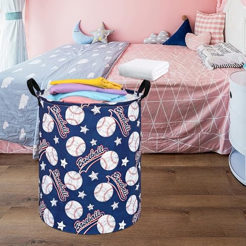 Image of Round Baseball Pattern Laundry Hamper Clothes Storage Basket Fabric Storage Hamper Organization Storage Bin, Nursery Box,Gift Basket with Handles