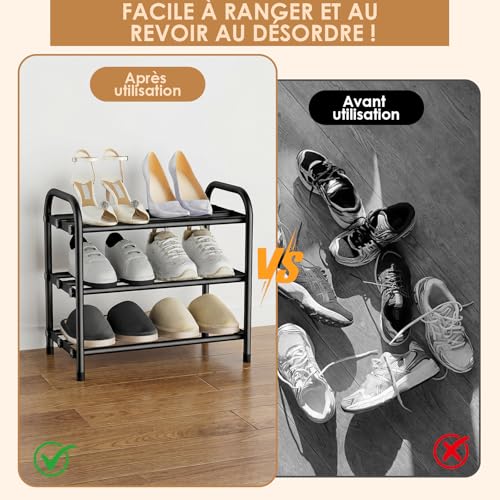 Étagère à Chaussures 3 Niveaux, Rangement Chaussure Extensible, Meuble a Chaussure Métal Réglable de 45 à 80 cm, pour Entrée, Couloir, Garage, Placard, Noir – Image 4