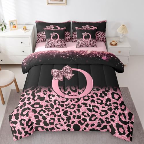 Image of Feelyou Girls Bow Comforter Set Full Size 7 Pieces Glitter Leopard Print Bedding Set for Kids Boys Girls Initial Letter O Bed in a Bag with Comforter, Sheets, Pillowcases, Cushion Covers Bedroom Decor