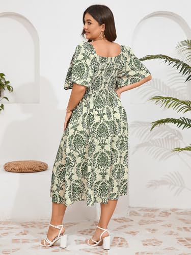 Image of SCOMCHIC Plus Size Summer Dress Casual Short Sleeve Bow Tie Deep V Neck Smocked Button Down Midi Flowy A-line Boho Dresses