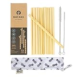 12 Pailles en bambou de 20cm | 100% Naturelles, réutilisables, écologiques et lavables |Inclus 2 goupillons de nettoyage et un sachet en coton| Assorties en largeur | Faites main à Bali.