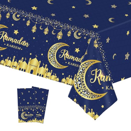 137 * 274cm Nappe Plastique pour Aïd el-Fitr,2 Pièces Or Bleu Lune Étoile Nappe de Table Anti Tache Rectangulaire Imperméables Extensible Décoration Table...