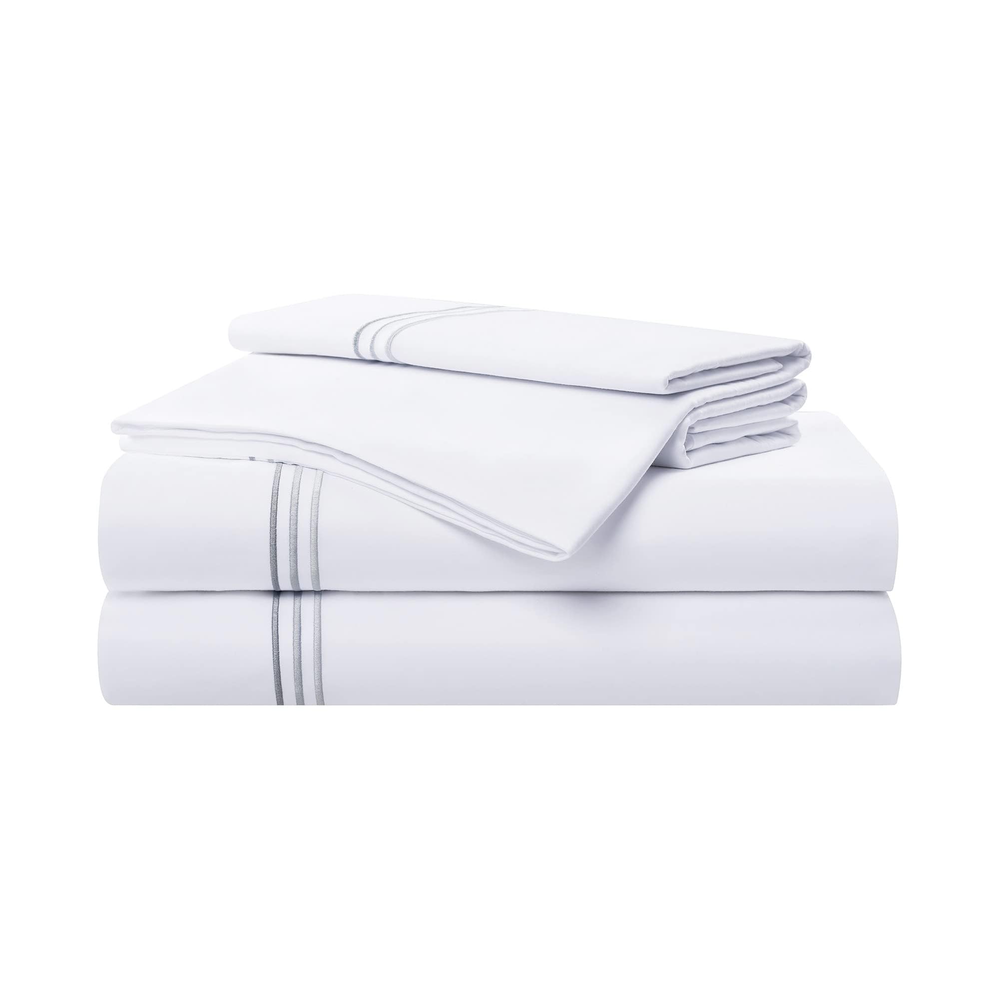 Aston & ArdenSateen Sheet Set - 100% Cotton 600 Thread Count Luxurious Hotel Silky Sheets, Pristine White with Fine Baratta Embroidered 3-Striped Hem, Wrinkle Resistant, Full, Stone Grey