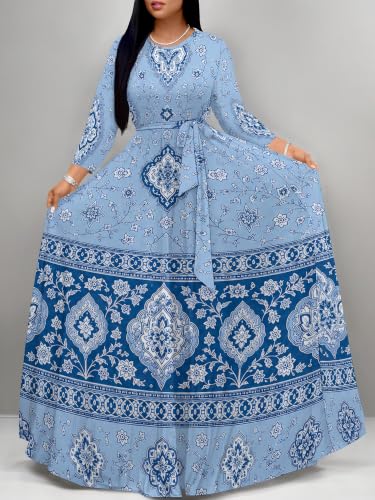 Image of Women Plus Size Long Sleeve V Neck Maxi Dress with Belt | Soft fabric relaxed fit three quarter sleeve v neck with pockets for party and daily wear