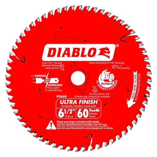 Image of Diablo Tooth Ultra Finish Saw Blade - 6-1 /2 inch Dia x 60 ATB, 10000 Max RPM | Clean Crosscuts and Rip Cuts in Wood Plywood and Melamine, Thin Kerf Design - D0660X