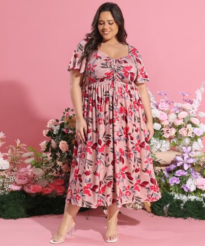 Image of CARCOS Plus Size Dresses for Curvy Women Tie Sweetheart Neck Summer Maxi Dress 1X Short Sleeve Pink Floral Boho Dress Casual Empire Waist Flowy Flared Beach Dress with Pockets XL 14W 16W