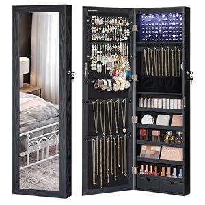 SONGMICS Schmuckschrank hängend, Wandspiegel, 6 LED-Glühbirnen
