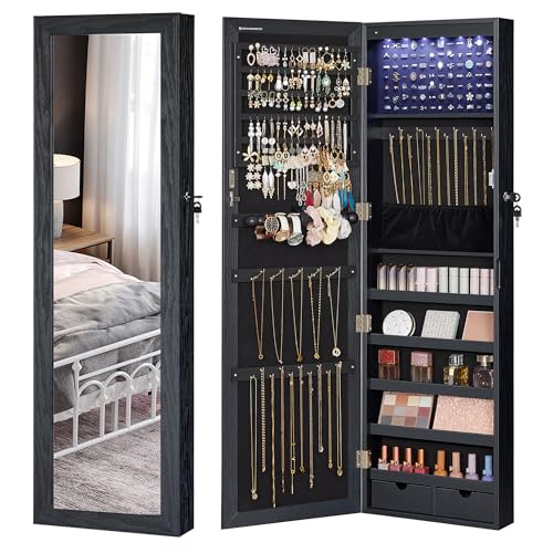 SONGMICS Espejo Joyero LED, 120 cm de Alto con Cerradura, Armario Joyero de Pared o Montado en la Puerta, Organizador de Joyas con Espejo, 2 Cajones, 10 x 37 x 120 cm, Regalos Navidad, Negro JJC093B01