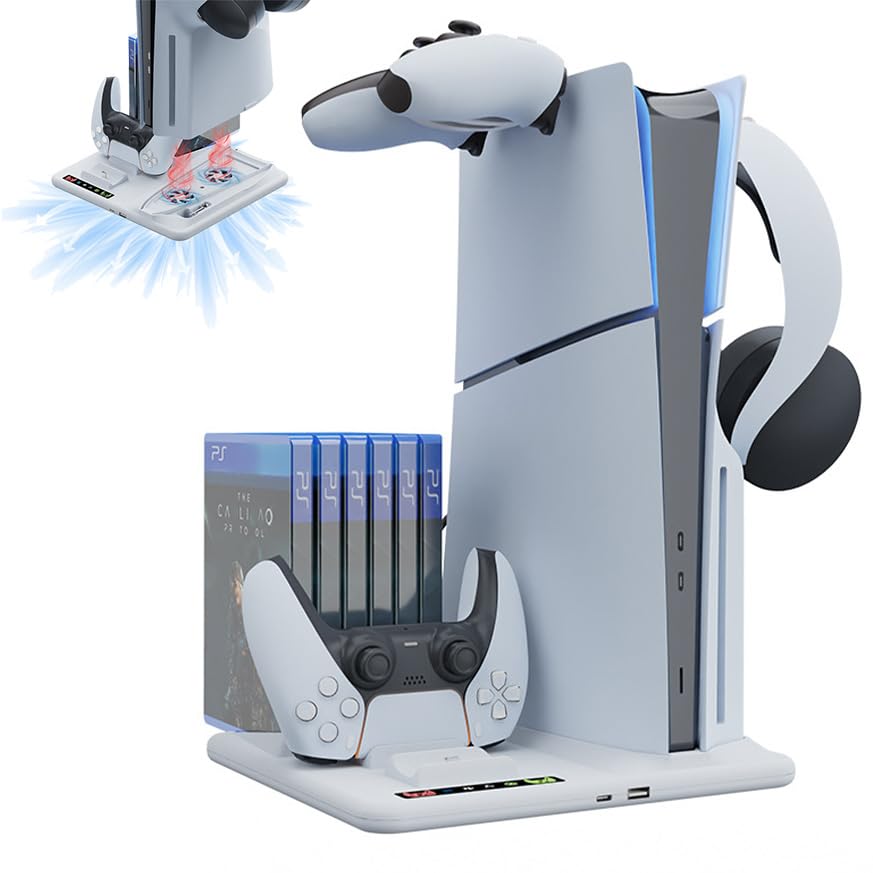 Miimall Supporto con stazione di raffreddamento e controller di ricarica per PS5 Slim, [ventole regolabili a 3 livelli] [6 slot per dischi] [supporto per cuffie] per accessori PS5 Slim (Disc & Digital