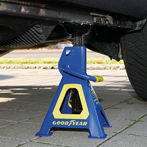 Foto von GOODYEAR 75519 Premium Unterstellbock, 3 Tonnen Tragkraft, höhenverstellbar von 280 mm bis 420 mm, mit Sicherheits-Splint, blauer Schutzlack