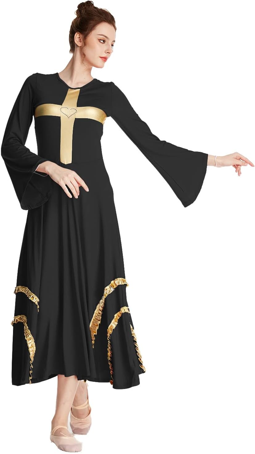 MYRISAM Women Praise Cross Dance Robe Worship Dress Bell Sleeve Metallic Ruffles Lyrical Liturgical Wide Swing Praisewear