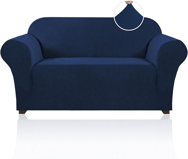H.Versailtex Modern Spandex 1 Piece Sofa Cover for Living Room High Stretch Lycra Sofa Slipcover with Elastic Bottom Stylish Furniture Cover/Protector Machine Washable (Loveseat 2 Seater, Navy)