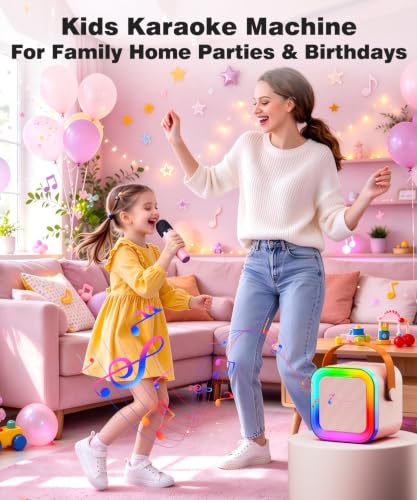 Mini Kids Karaoke Machine Ages 3-12, Wireless Mics Bluetooth Speaker, Pink - Image 4