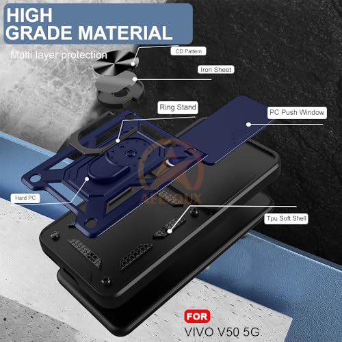 Image of Armor Bumper Back Cover Case for Vivo V50 /V50e /Vivo T4R /V50 Elite Edition /iQOO Z10R 5G Rotating Camera Cover, Ring Holder & Kickstand | Heavy Duty & 360 Degree Protection Back Cover (Blue)