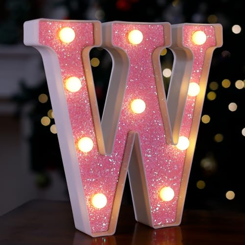 Image of LED Letter Lights Pink Glitter Marquee Letters Light Up Alphabet Letters Sign Battery Powered for Home Party Decoration Night Bar Wedding Birthday Christmas Lamp Girls Gift - Letter W