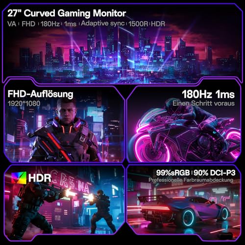 KOORUI 27 Zoll Curved Gaming Monitor 180Hz, 1ms, 1920x1080, FHD, 1500R, Adaptive-Sync, HDR10, VESA, inklusive DP- und HDMI-Kabel - Afbeelding 3