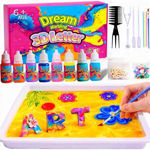jingyuanli Bastelset Marmorierfarbe für Kinder ab 6 Jahre Kreatives Bastelset für Mädchen mit 8 Farben 26 3D Buchstaben & 20 Stickern A5 Wanne + 20 Papier DIY Geschenk Geschenk 7 8 9 10 Jahre