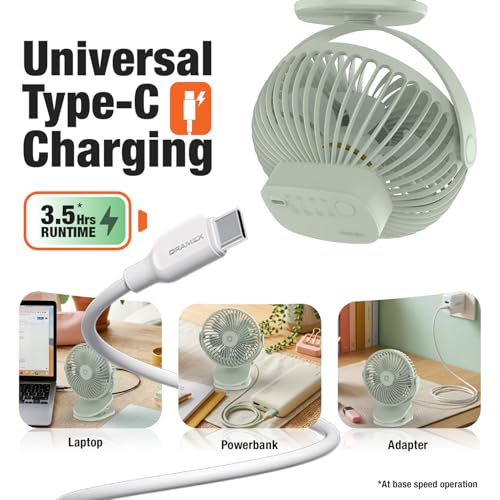 Image of Orient Electric Orbis Rechargeable Personal Fan | 360 Rotation | 1800 mAh Battery | 4 Speed Modes with Timer | Quiet Operation | USB Type-C Charging | Clip-On Mini Fan | Matcha Green