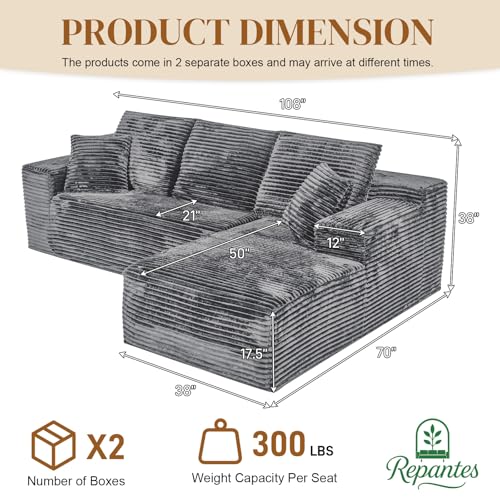 Image of 108 inch L Shaped Boneless Sectional Couches for Living Room, Comfy Corduroy Floor Cloud Sofa with Chaise, Wide Armrest, Deep Seat, Memory Foam, Assembly Free, Ideal for Small Spaces, Grey