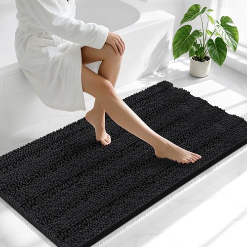 Image of Smiry Thick Chenille Bathroom Runner Rugs 47x24, Extra Absorbent Striped Bath Mat, Machine Washable, Rubber Backing, Long Bath Rugs for Tub & Shower, Modern Home Decor Accessories, Black