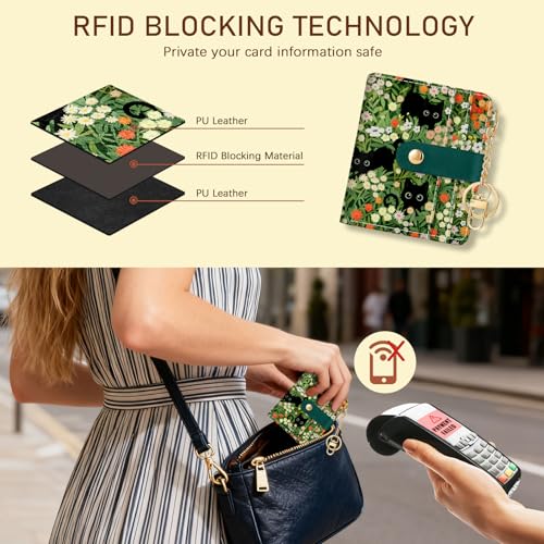 Image of Jogjam Rfid Women Wallet, Small Slim Thin Credit Card Wallet, PU Leather Bifold Cash Zipper Coin Pocket ID Window, for Female Ladies Teen Girls Girly Gifts, Black Cat Floral, Small, Modern