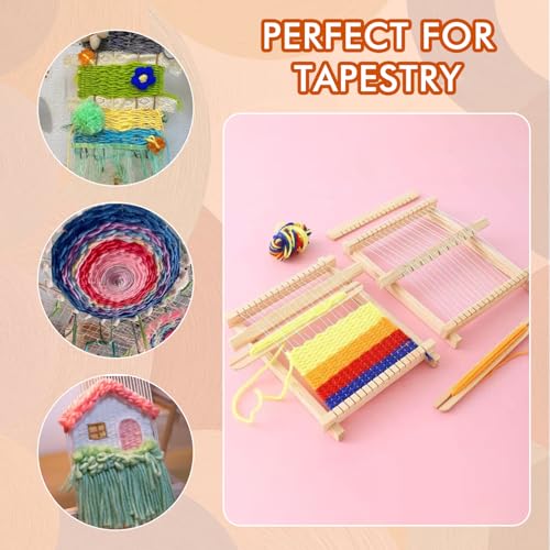 Rdunulioo 2 Stück Webrahmen Set, Webstuhl Handarbeits, Weaving Loom Kit mit Nadel, Kamm, Farbige Wolle, zum Weben & Gestalten, Holzwebrahmen für Anfänger, Profis, Erwachsene (Natur)