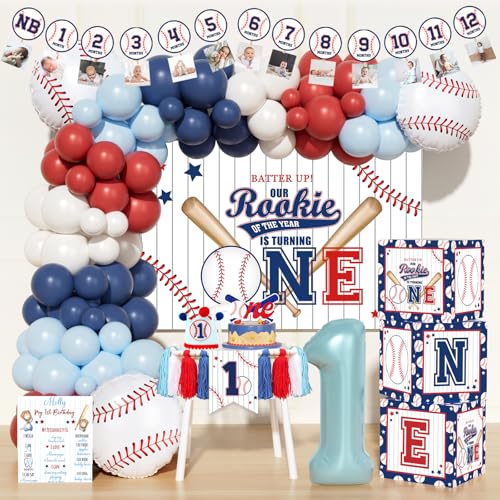 Fiesec Rookie of the Year First Birthday Decorations - 100 PCs Baby Boy Baseball Themed Party Supplies with Our Rookie Year Backdrop Balloon Garland Number 1 Foil Balloon