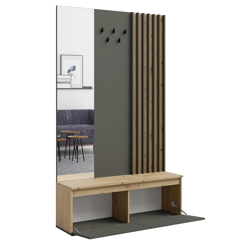 Lomadox Garderoben Set Kommode mit Bank Paneel Spiegel Eiche Graphit Lamellen-Design