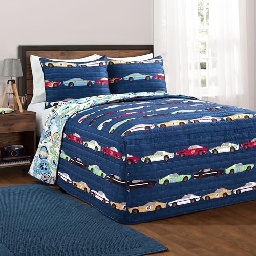 Lush Decor Navy Race Car Kids' 3-Piece Bedspread Set, Reversible Bedding Set for Boys (Full)