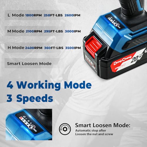 Dong Cheng 20V Brushless Impact Wrench, Max Torque 360 ft-lbs (488N.m), 1/2 inch with 3 Mode Speed, 2400 RPM Cordless Impact Gun, Includes 4.0Ah Battery, Charger, 4 Impact Sockets and Kit Bag - Image 5