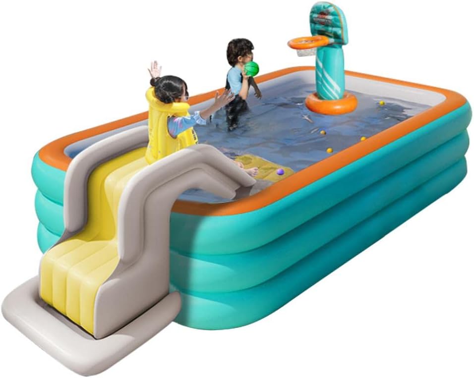 Shilanmei プール 大型 自動膨脹 滑り台付き 子供用プール ビニールプール ファミリープール 水遊び 猛暑対策 スイミング 空気入れ必要 家庭用プール 屋内用 お庭 水あそび 屋外用 折りたたみ 電動ポンプ付き (滑り台・バスケットゴール付き,3.8m 三層)