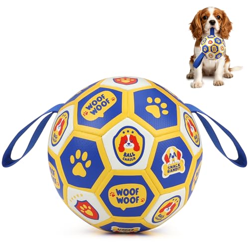 Vivifying Interactive Dog Toys Ball PU Dog Football with Grab Tags Play Indoor&Outdoor for Tug of war and Burning Energy but Not for Chewing World Cup Dog Ball for Small Dogs (15.24cm/6in)