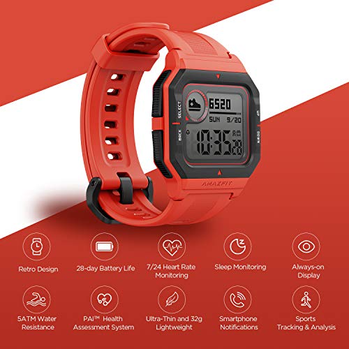 Image of Amazfit Neo Smart Watch, Retro Design, 28-Day Battery Life, Always-on Display, 5ATM Water Resistant, Lightweight, 4 Physical Buttons, Heart Rate, Sleep Monitor (Red)