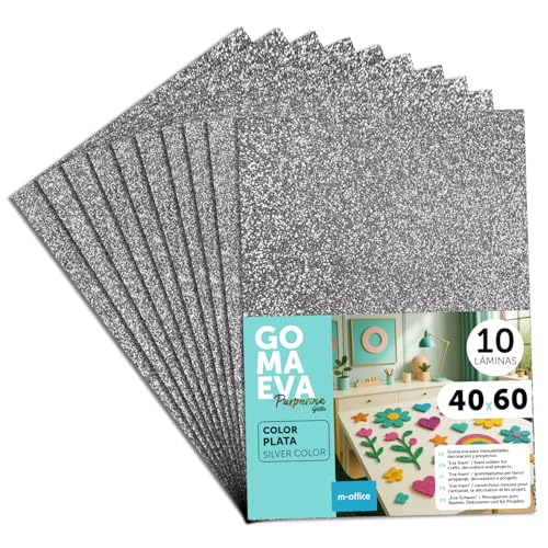 m-office Goma Eva de Purpurina para Manualidades, Goma Espuma de Colores para Proyectos Creativos, Ideales para Artes y Manualidades, uso Escolar o Profesional 40x60cm (Plata Purpurina, 10 uds)