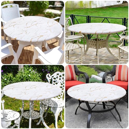misaya Round Fitted Tablecloth with Elastic Edge, Waterproof Oil Proof Plastic Table Cover, Vinyl Flannel Backed Tablecloth Fits 45"-56" Round Tables for Dinner, Outdoor, Picnic, White Gold Marble by misaya - Used condition - Image 6